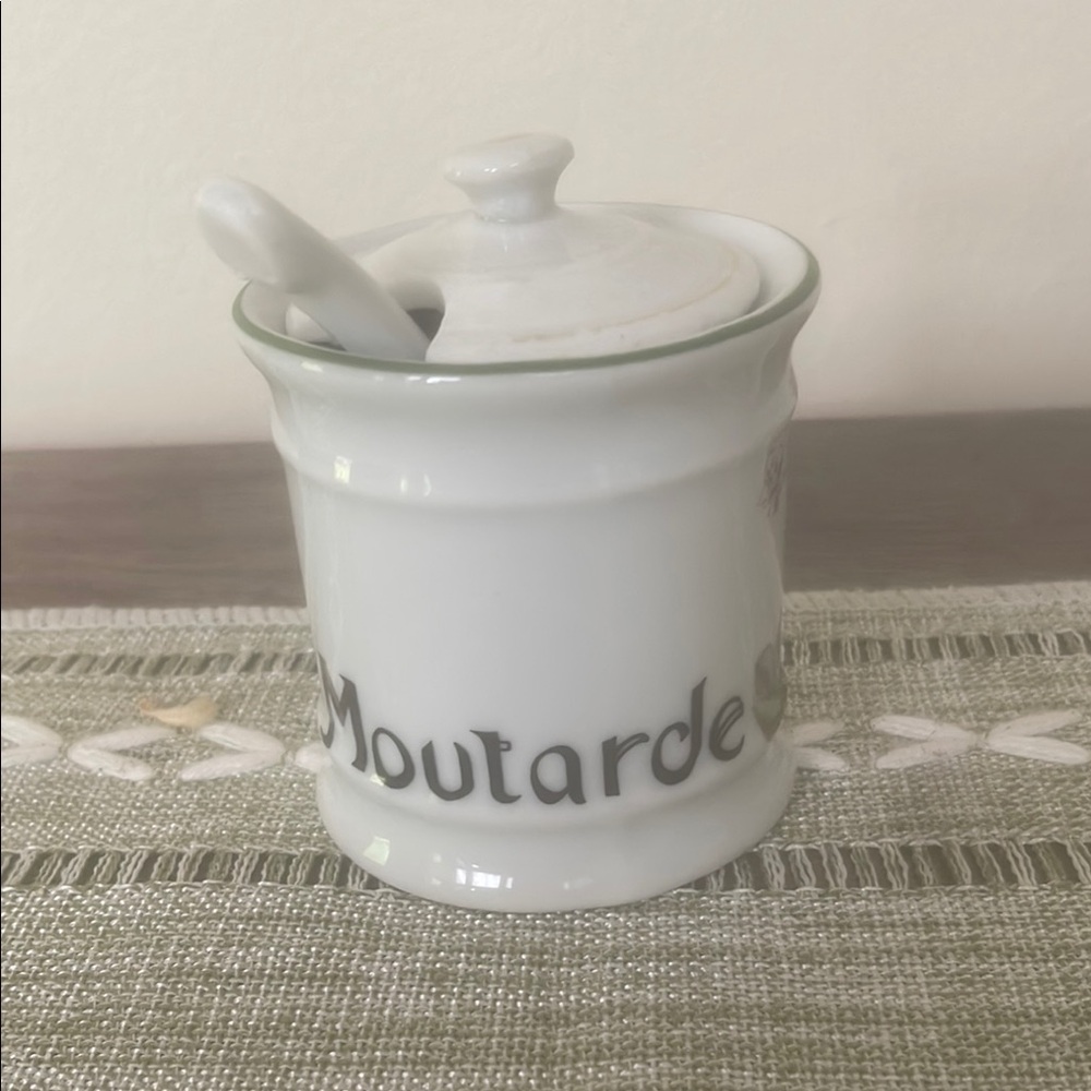 French Philippe Deshoulieres Porcelain Mustard Jar with Lid & Spoon